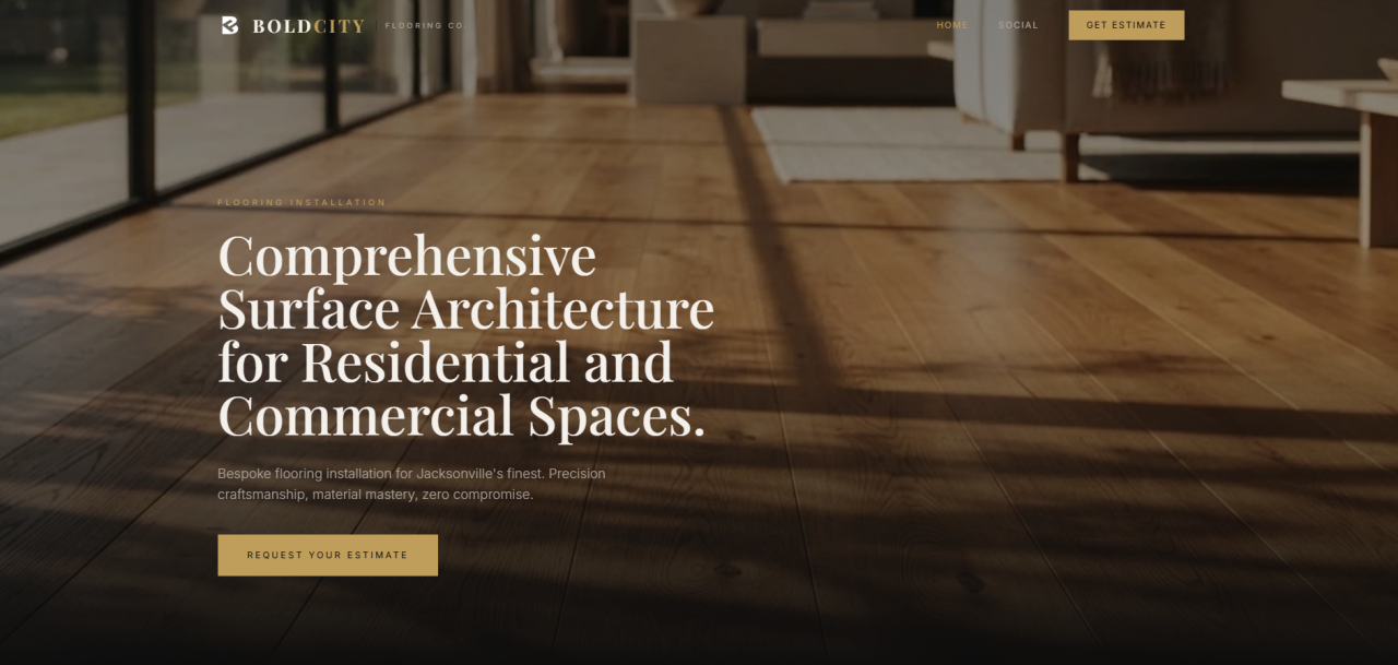 Bold City Flooring Co. website hero with hardwood floor photography and estimate request CTA