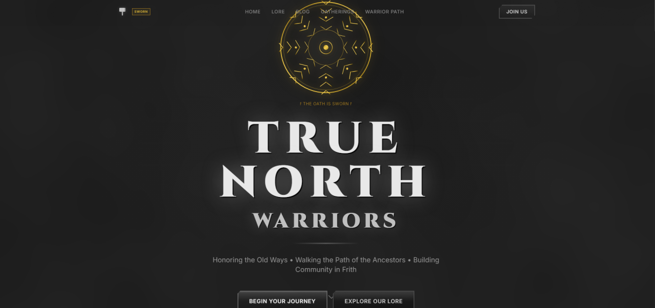 True North Warriors hero with gold runic emblem, oath tagline, and dual call-to-action buttons